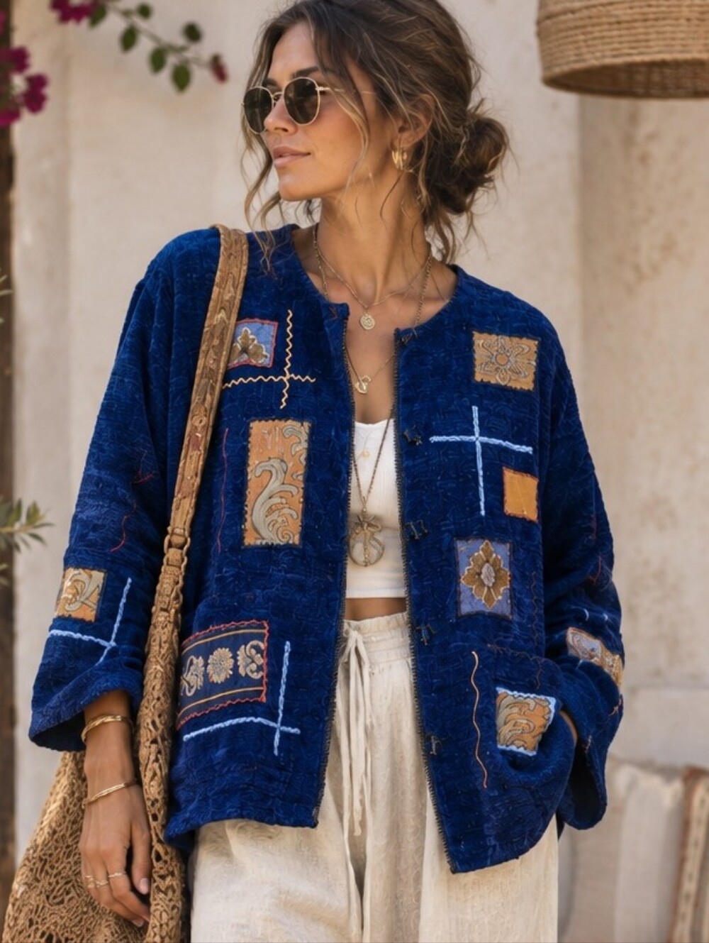 Vtg 90s Alex Kim Blue Chenille Patchwork Embroidered Jacket Celestial Artsy LG